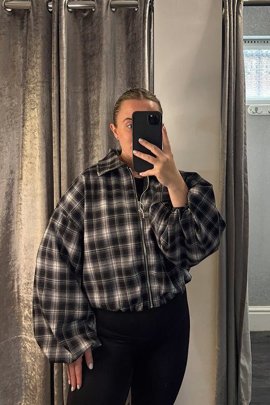 Black Checked Bubble Sleeve Bomber Jacket