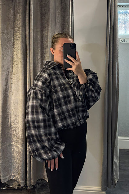 Black Checked Bubble Sleeve Bomber Jacket