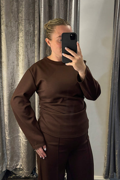 Chestnut Ruched Side Long Sleeve Top Loungesuit