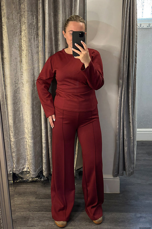Brick Red Ruched Side Long Sleeve Loungesuit