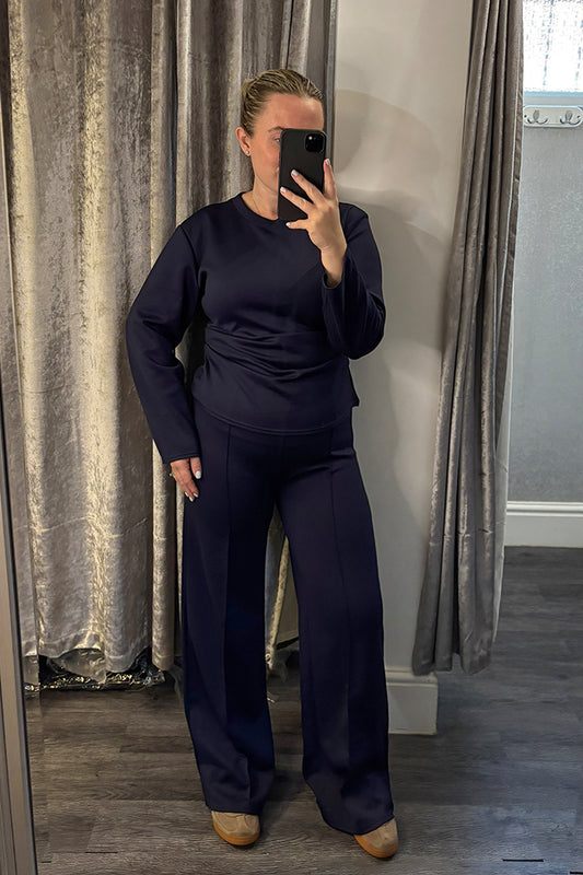 Navy Ruched Side Long Sleeve Top Loungesuit