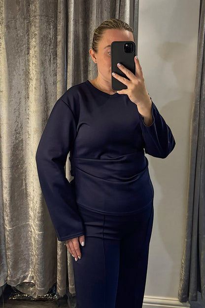 Navy Ruched Side Long Sleeve Top Loungesuit