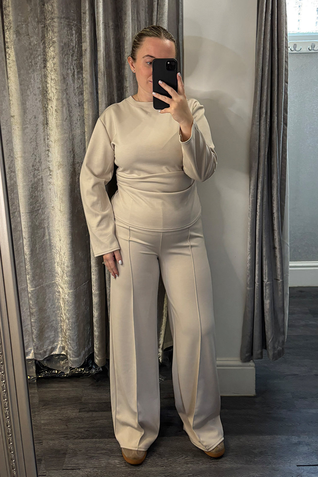 Beige Ruched Side Longe Sleeve Loungesuit