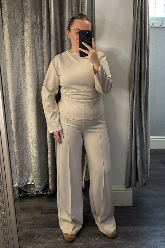 Beige Ruched Side Longe Sleeve Loungesuit