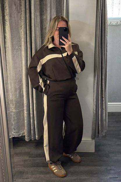 Brown Contrast Stripe Bomber Jacket Loungesuit