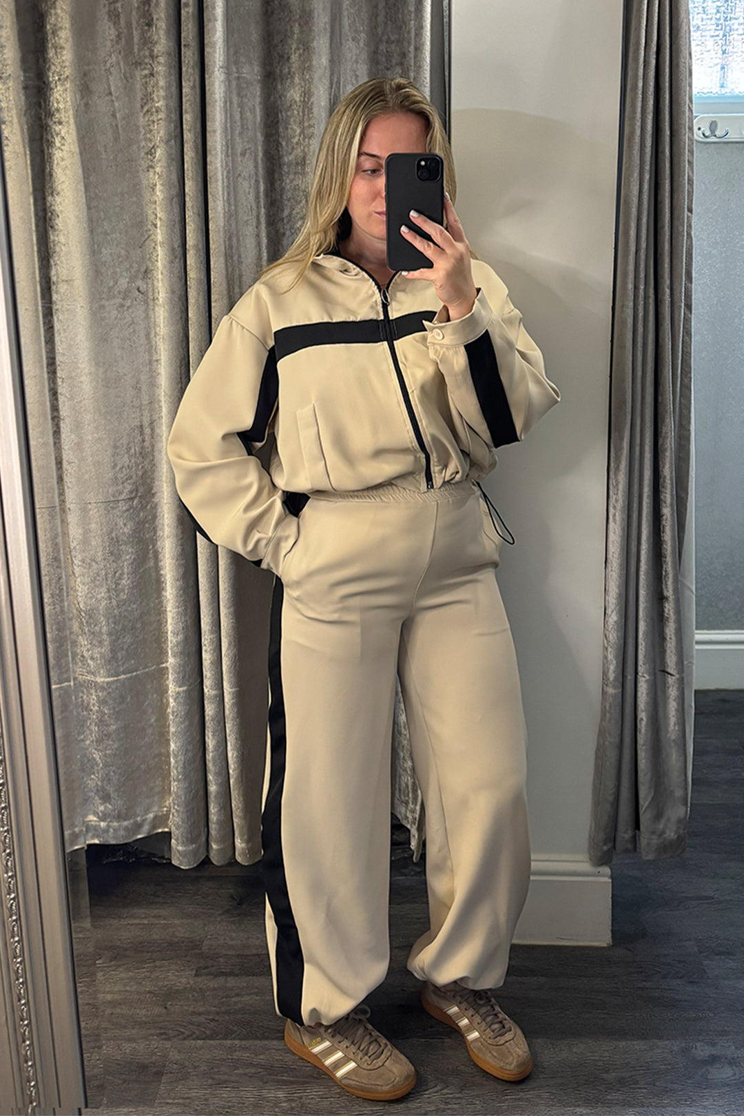 Beige Contrast Stripe Bomber Jacket Loungesuit
