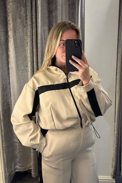 Beige Contrast Stripe Bomber Jacket Loungesuit
