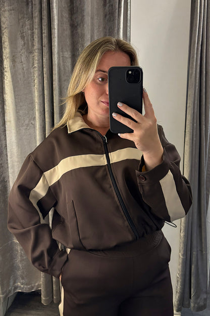 Brown Contrast Stripe Bomber Jacket Loungesuit