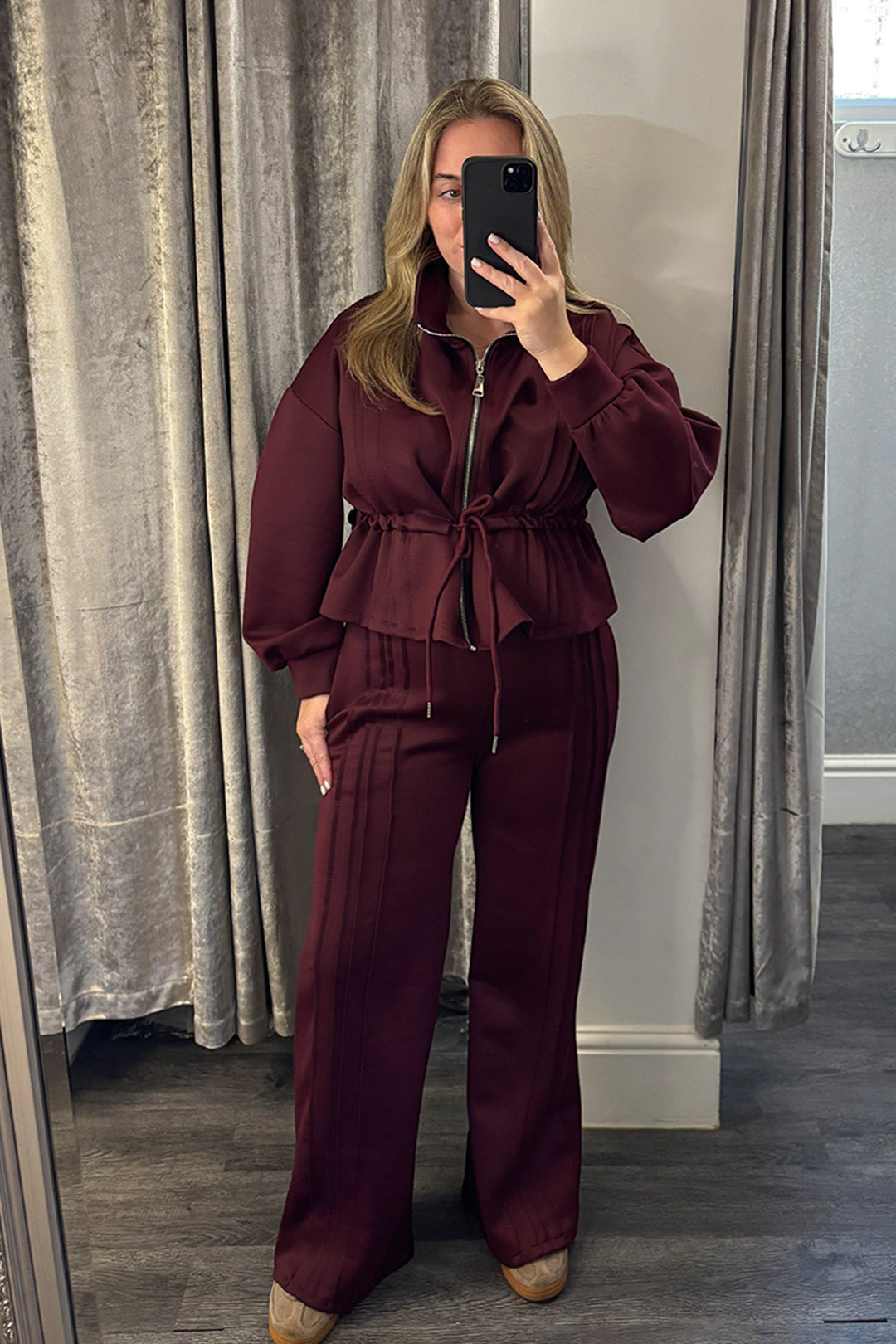 Wine Pleated Drawstring Peplum Jacket Loungesuit