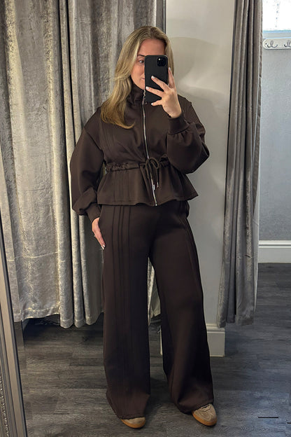 Brown Pleated Drawstring Peplum Jacket Loungesuit