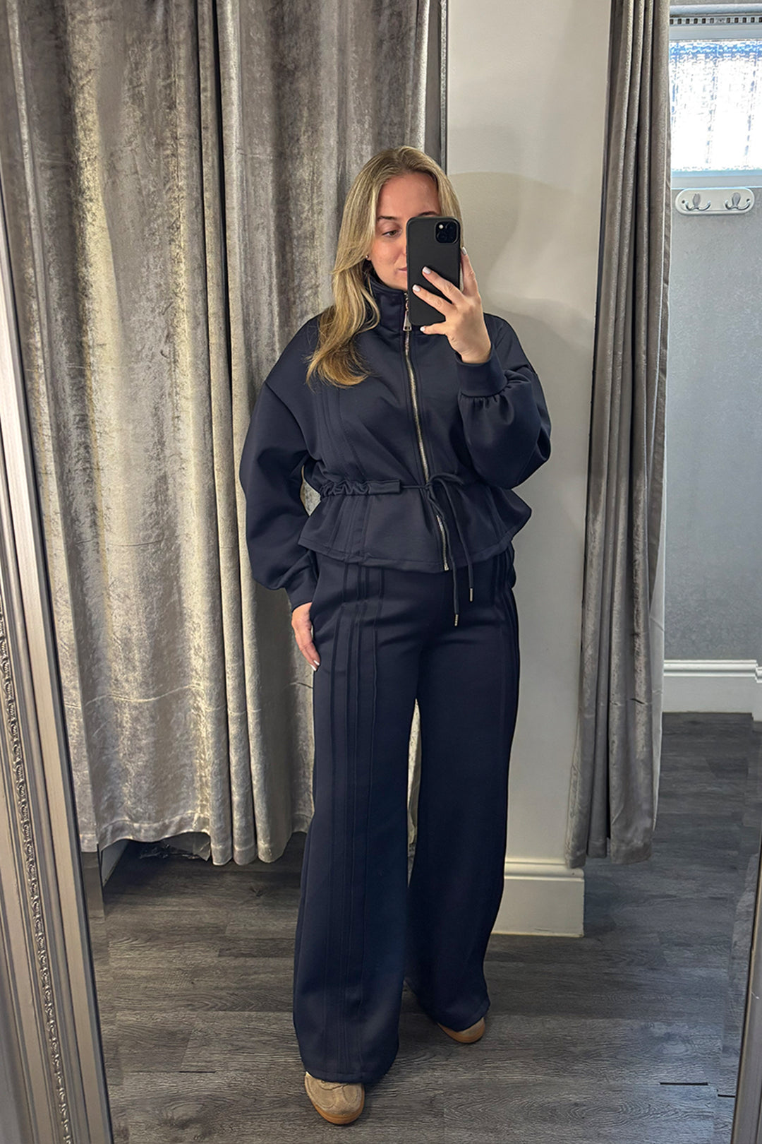 Navy Pleated Drawstring Peplum Jacket Loungesuit