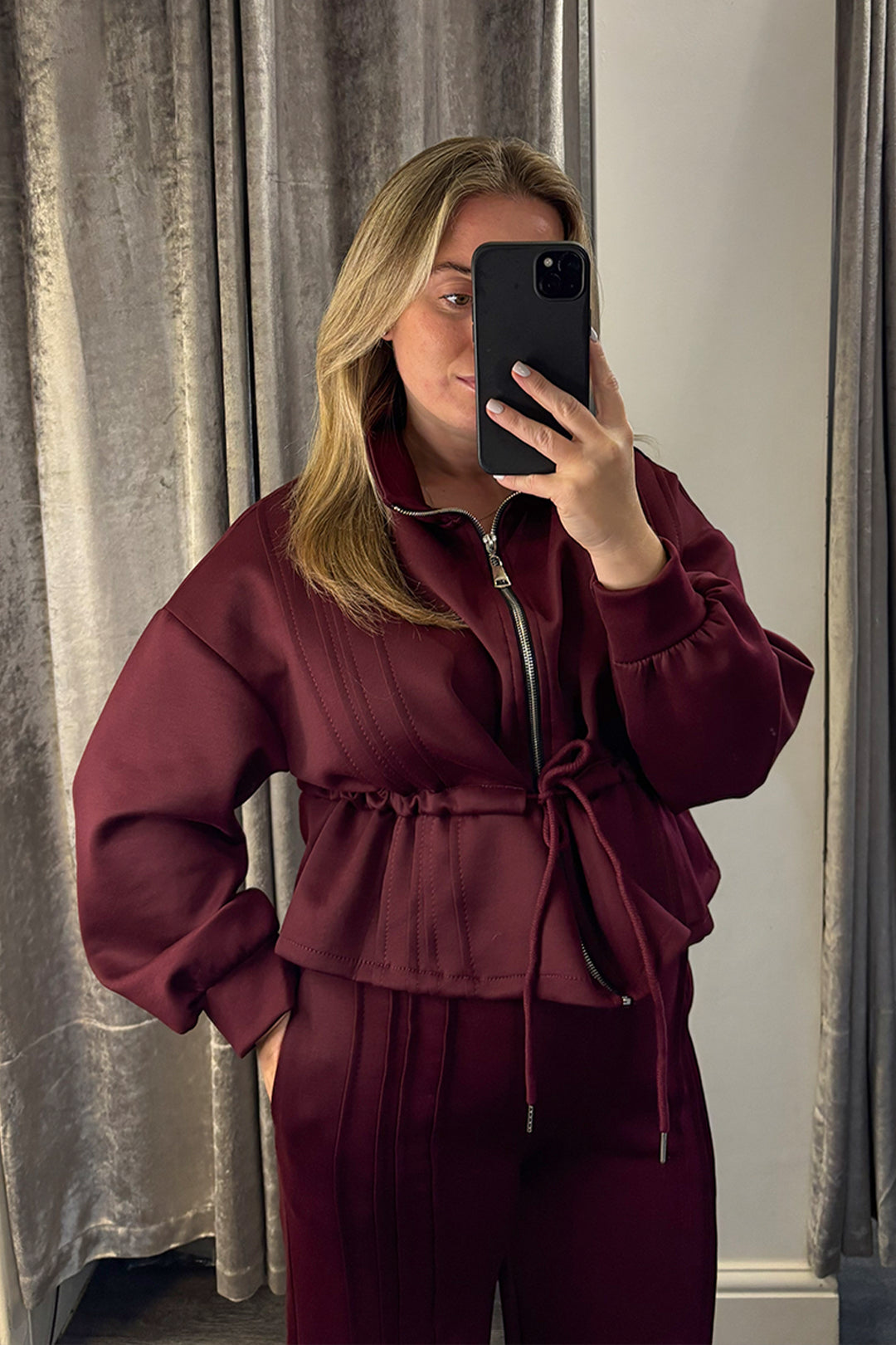 Wine Pleated Drawstring Peplum Jacket Loungesuit
