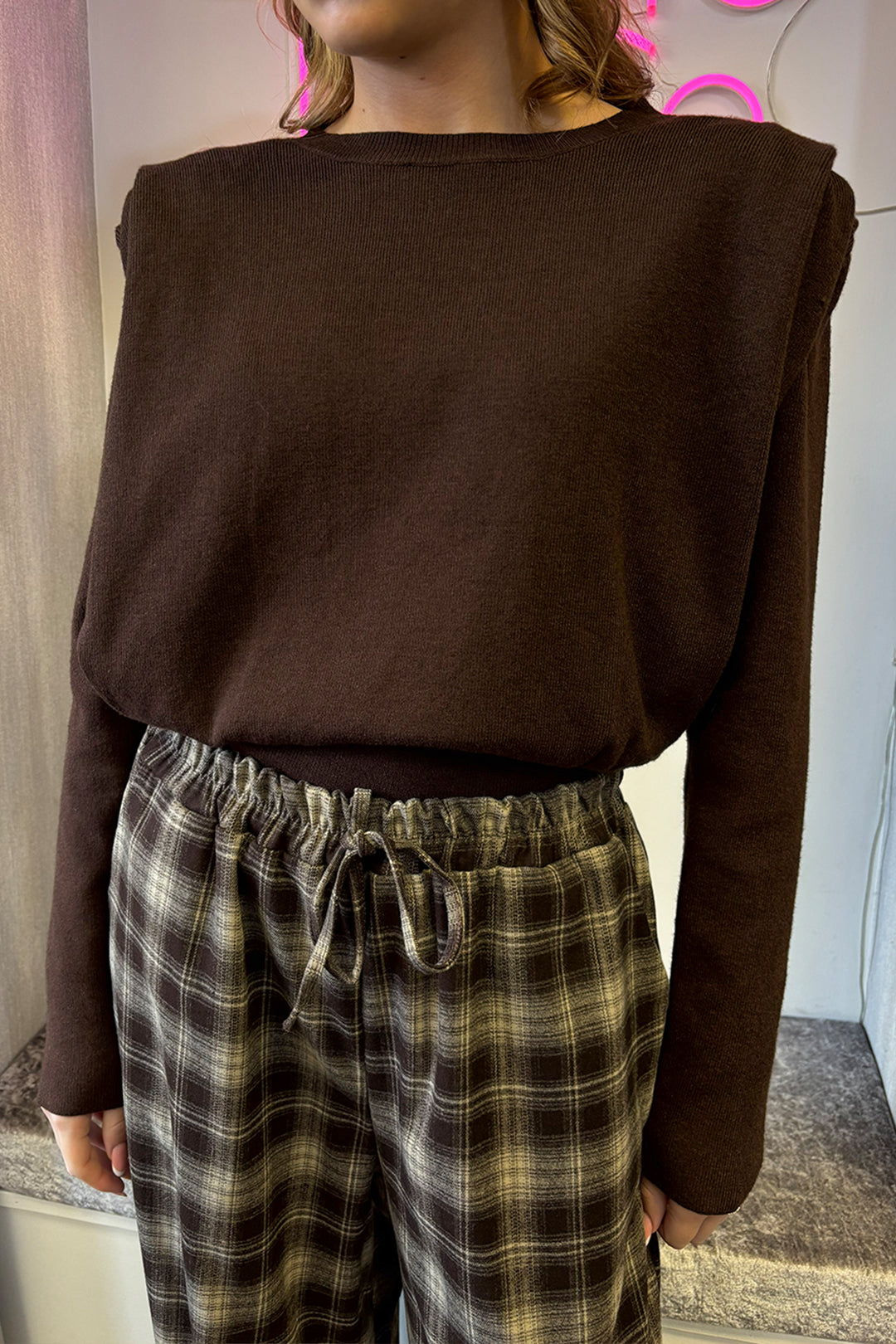 Brown Draped Padded Shoulder Knitted Top