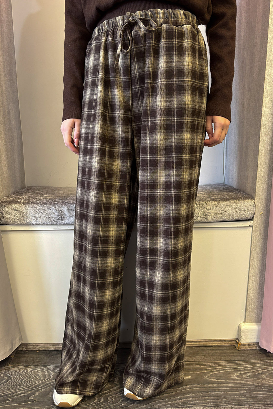 Brown Checked Wide Leg Trousers