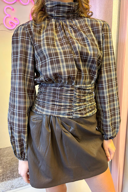 Brown Checked Pleated Waist Top
