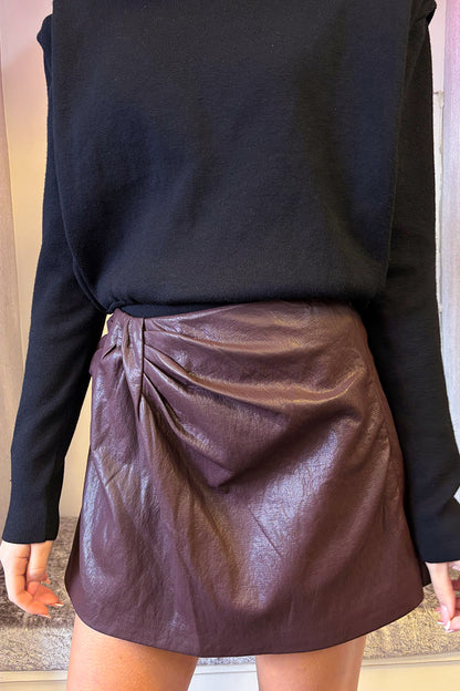 Burgundy Faux Leather Pleated Skort