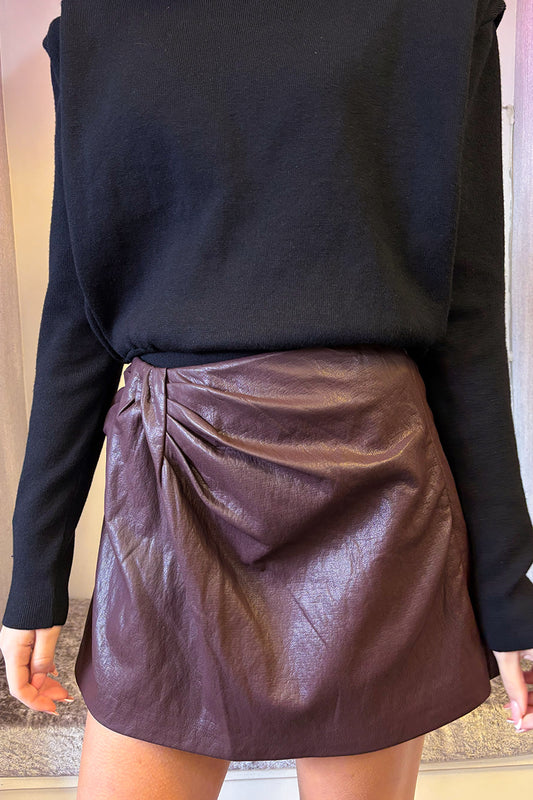 Burgundy Faux Leather Pleated Skort
