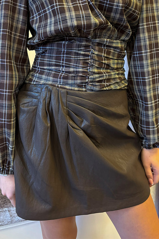 Brown Faux Leather Pleated Skort
