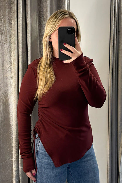 Burgundy Ribbed Ruched Asymmetric Long Sleeve Top