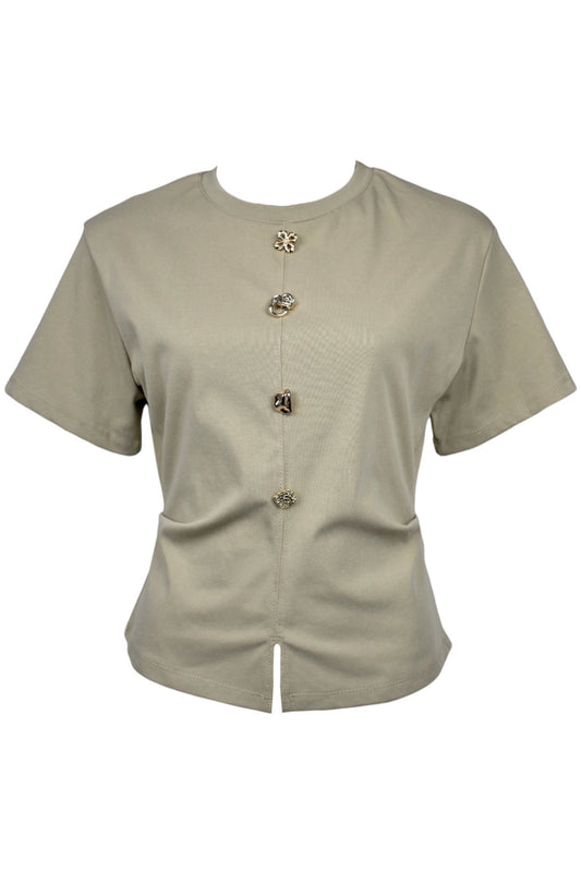Beige Gold Button Front Split T-Shirt
