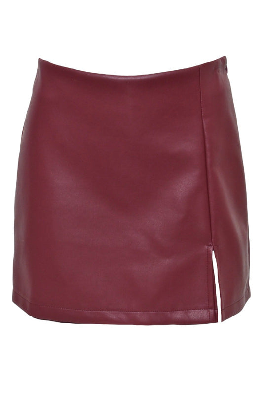 Burgundy Faux Leather Side Split Skort