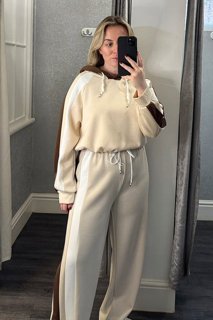 Beige Contrast Stripe Hooded Loungesuit