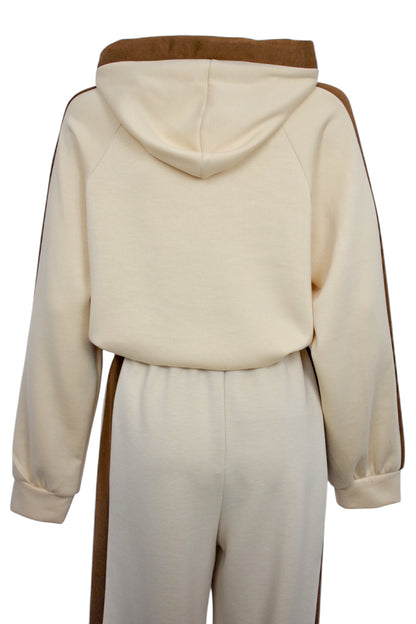 Beige Contrast Stripe Hooded Loungesuit
