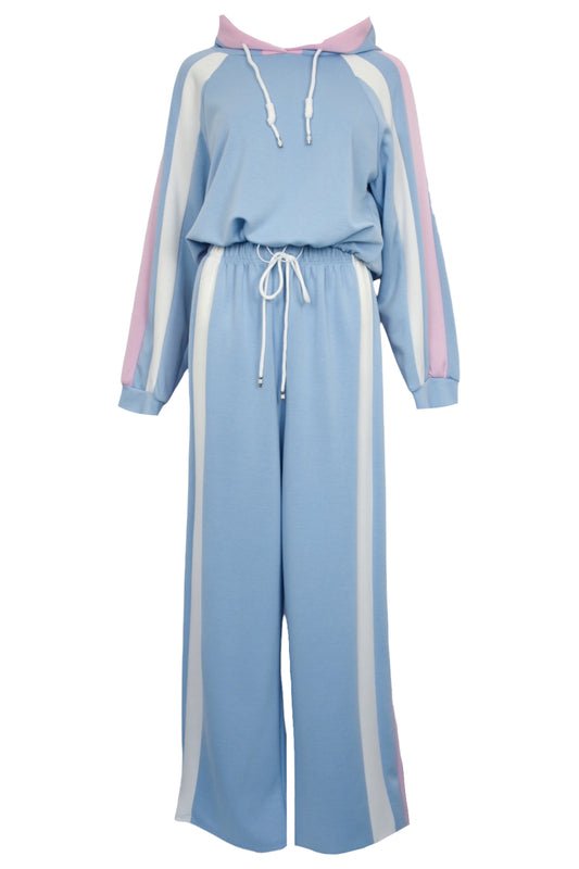 Blue Striped Hooded Wide Leg Loungesuit