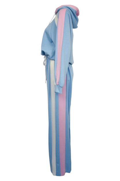 Blue Striped Hooded Wide Leg Loungesuit