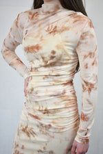 Cream & Orange Tie Dye Ruched Side Sheer Midi Dress