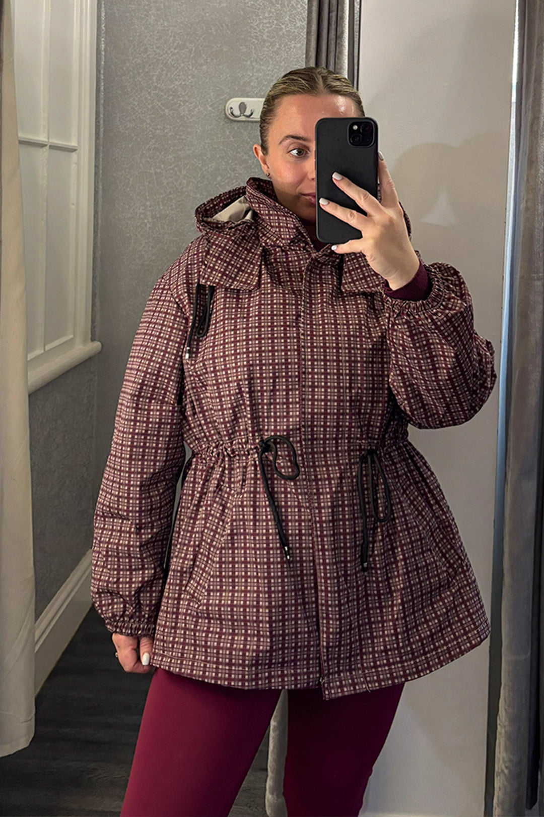 Burgundy Checked Drawstring Waist Hooded Jacket
