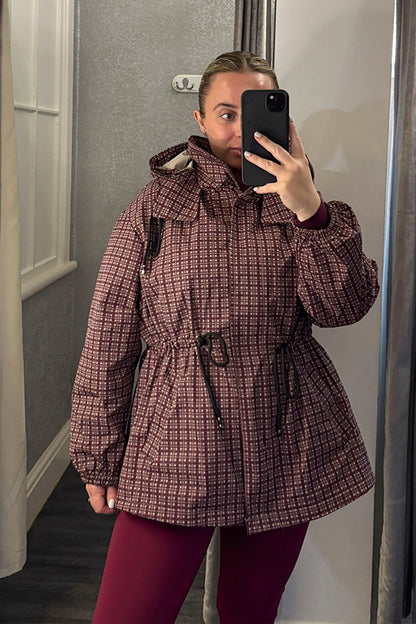 Burgundy Checked Drawstring Waist Hooded Jacket