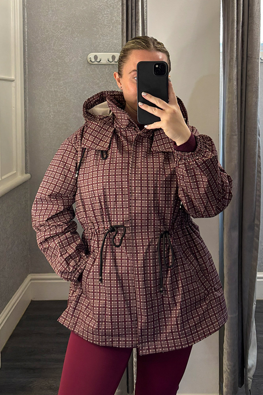 Burgundy Checked Drawstring Waist Hooded Jacket
