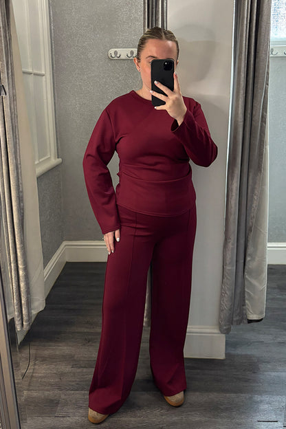 Burgundy Ruched Side Long Sleeve Loungesuit