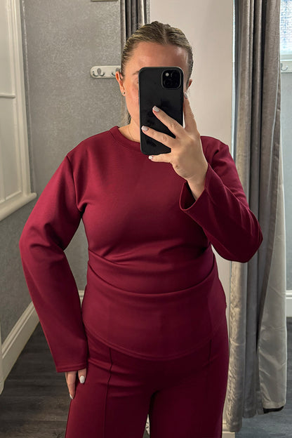 Burgundy Ruched Side Long Sleeve Loungesuit