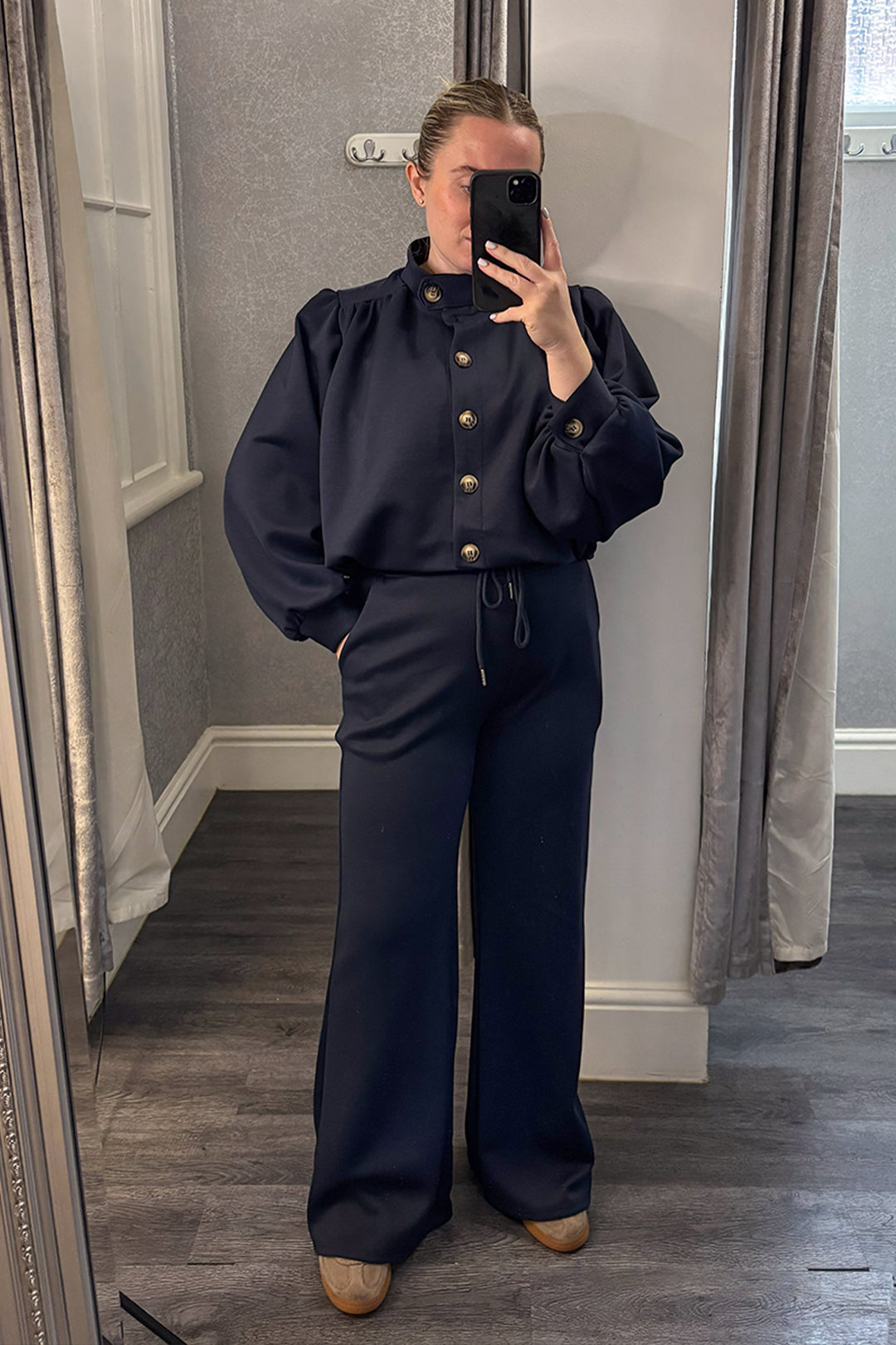 Navy Pleated Shoulder Button Top & Trousers Co-ord