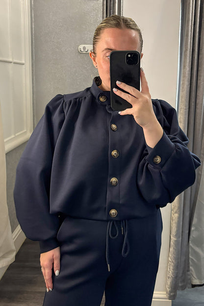 Navy Pleated Shoulder Button Top & Trousers Co-ord