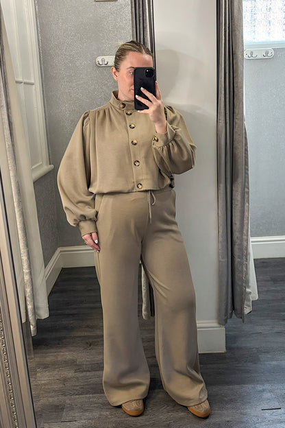 Taupe Pleated Shoulder Buttoned Top & Trousers Co-ord