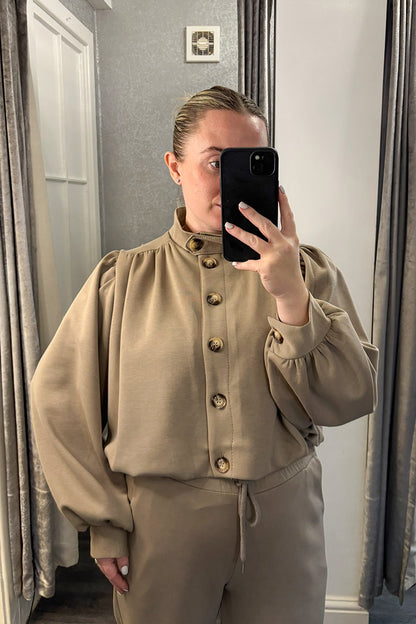 Taupe Pleated Shoulder Buttoned Top & Trousers Co-ord