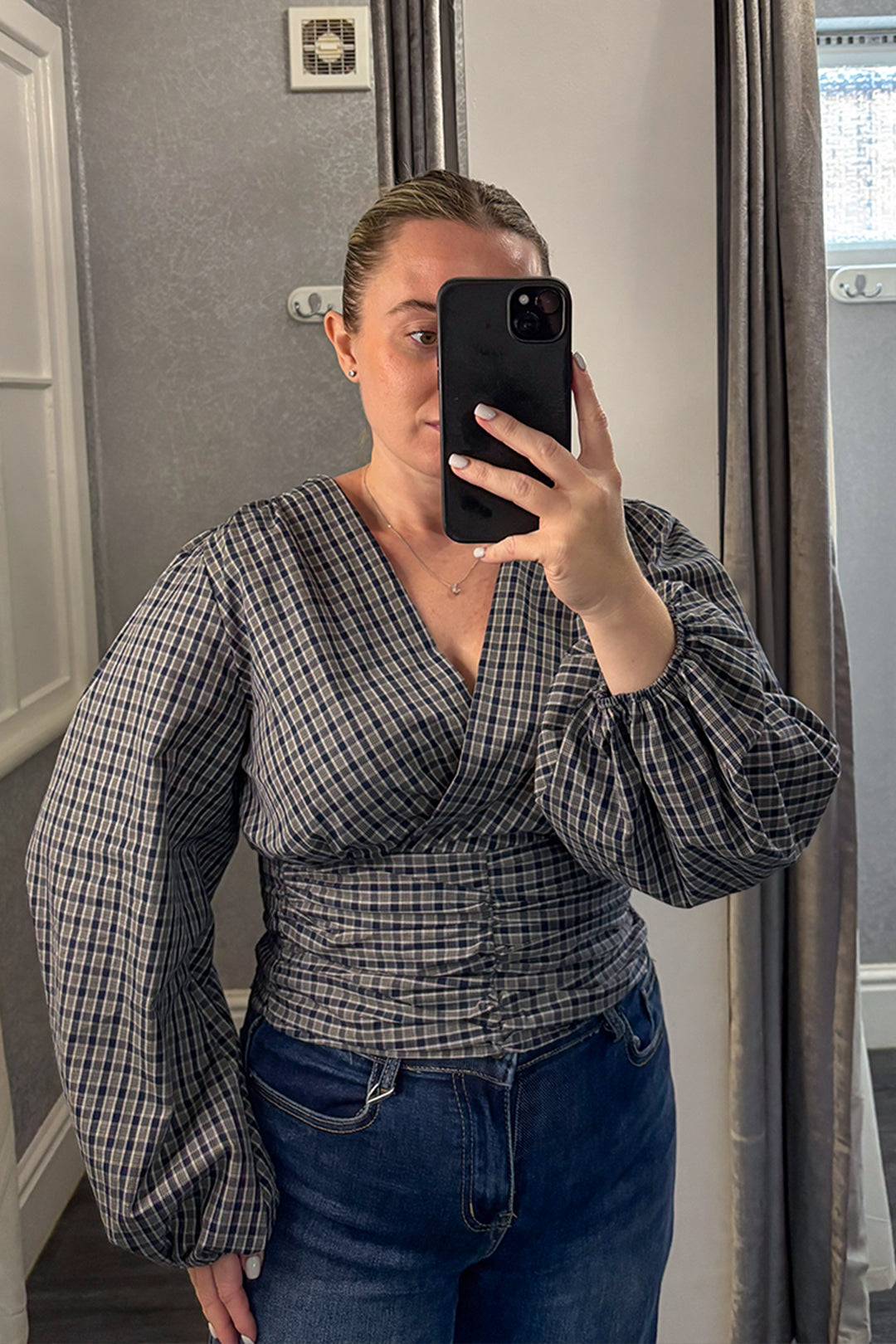 Navy Checked Pleated Waist Top