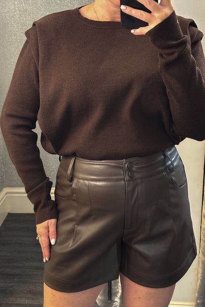 Brown Faux Leather Double Button High Waisted Shorts