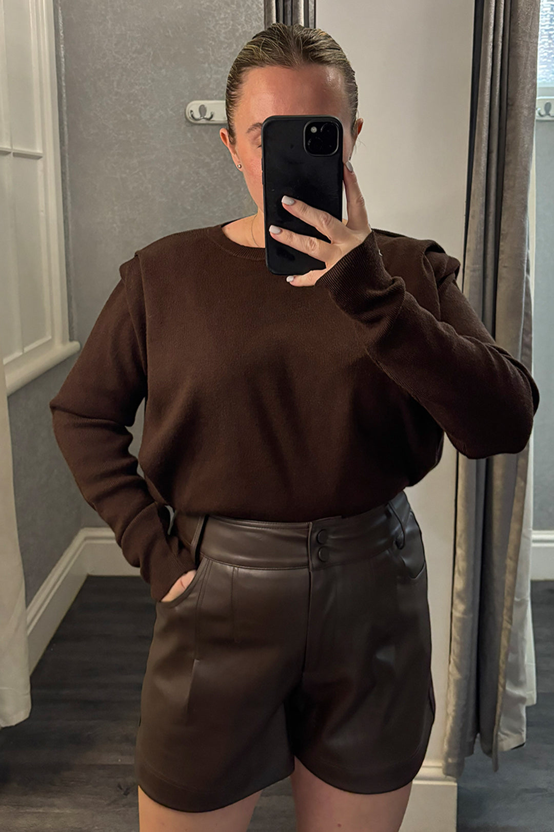 Brown Faux Leather Double Button High Waisted Shorts