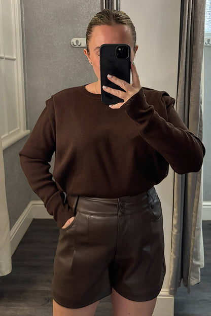 Brown Faux Leather Double Button High Waisted Shorts