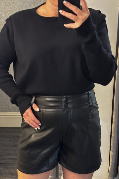 Black Faux Leather Double Button High Waisted Shorts