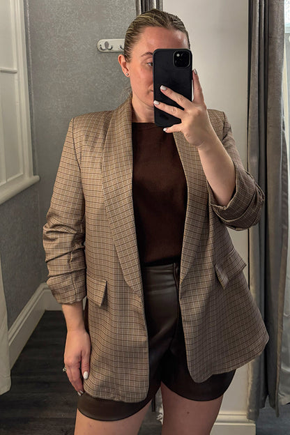 Taupe Checked Ruched Sleeve Blazer