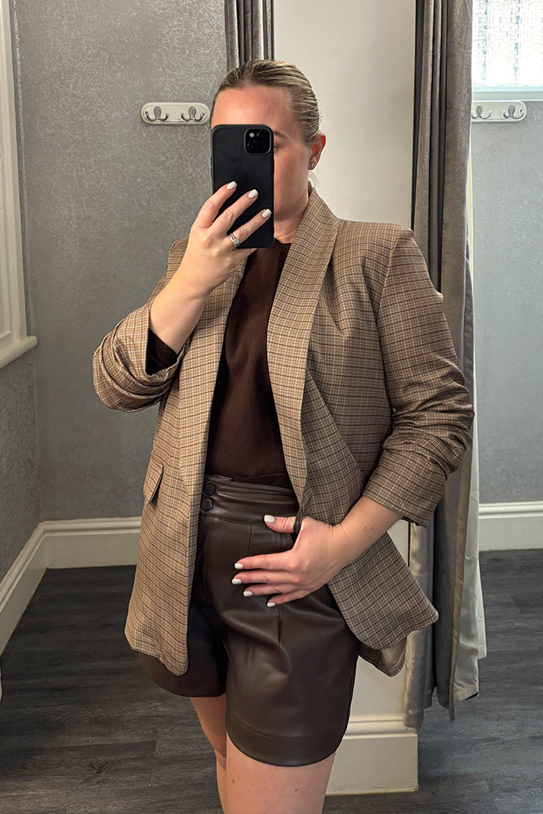 Taupe Checked Ruched Sleeve Blazer