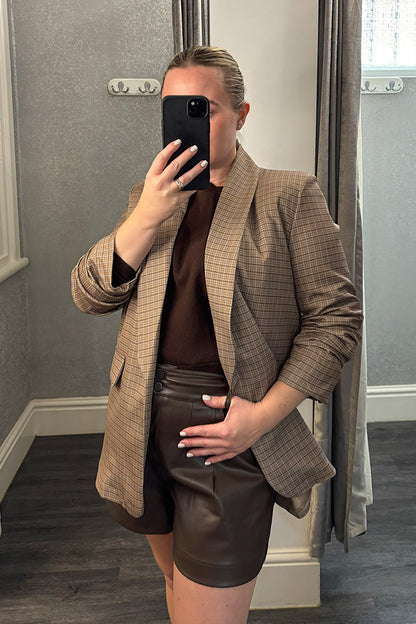 Taupe Checked Ruched Sleeve Blazer