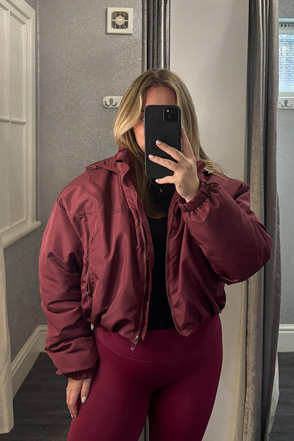 Burgundy Cropped Padded Hooded Jacket