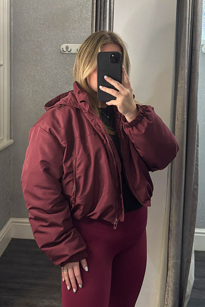 Burgundy Cropped Padded Hooded Jacket