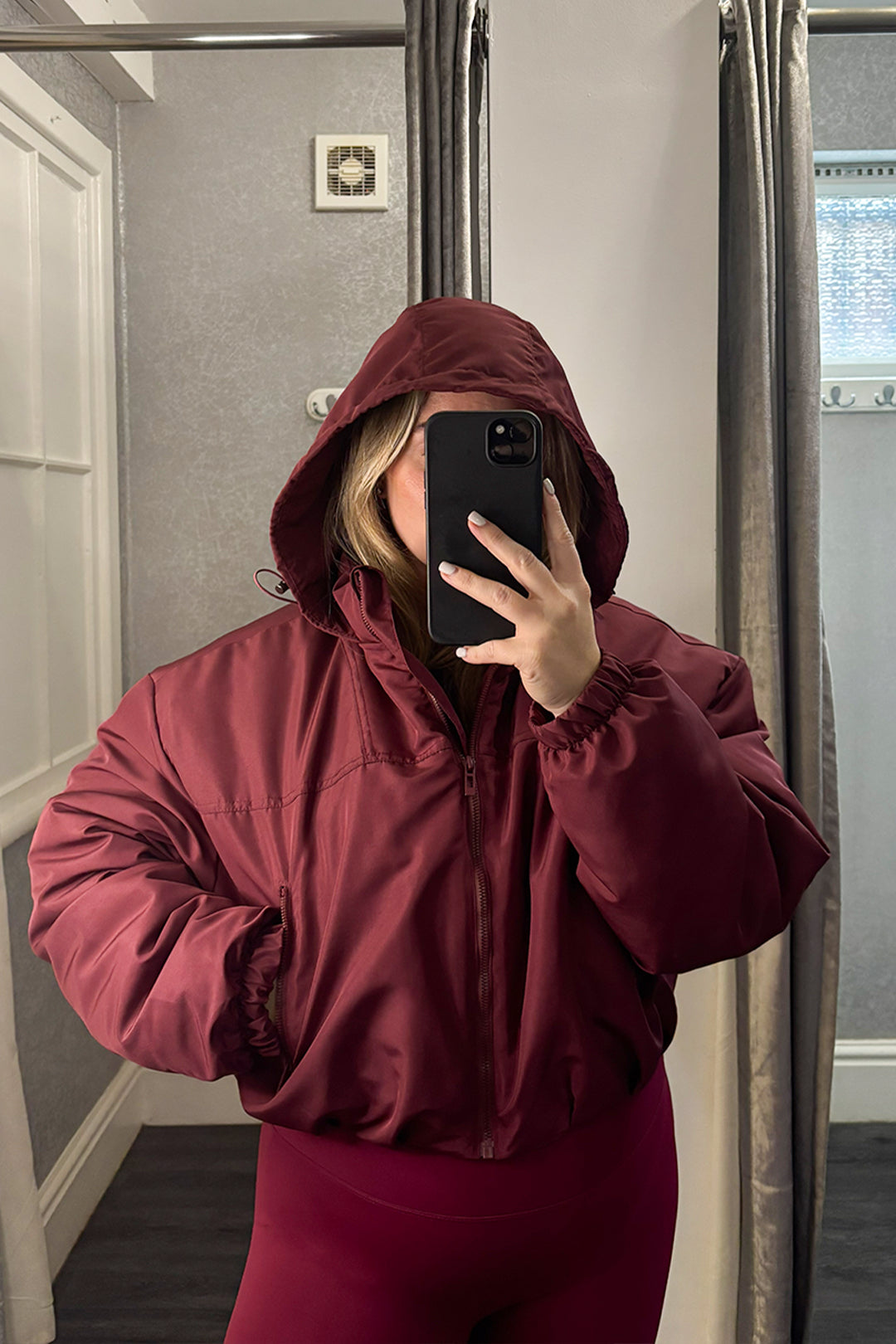 Burgundy Cropped Padded Hooded Jacket